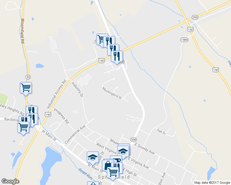 map of restaurants, bars, coffee shops, grocery stores, and more near 205 Mockingbird Drive in Springfield