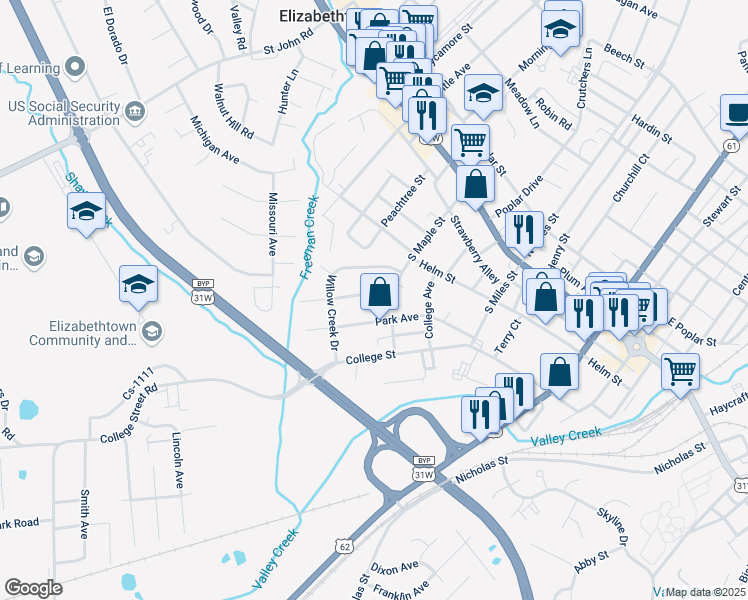 map of restaurants, bars, coffee shops, grocery stores, and more near 410 South Maple Street in Elizabethtown