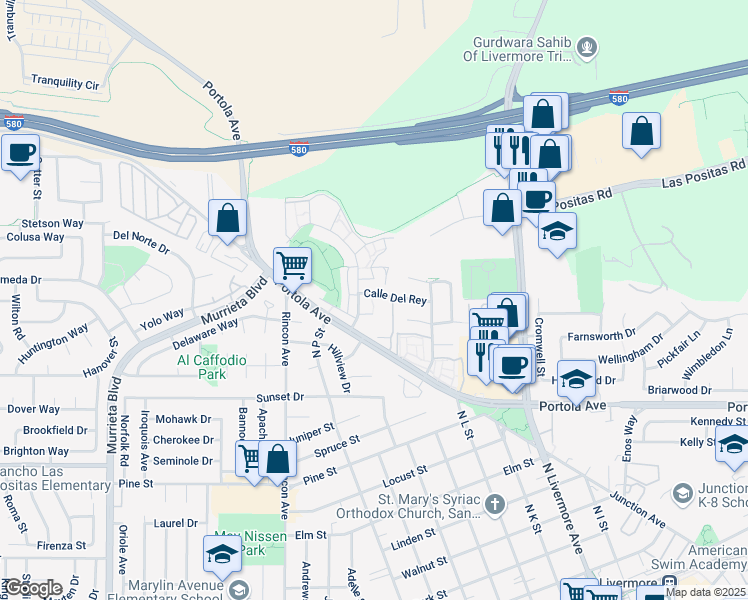 map of restaurants, bars, coffee shops, grocery stores, and more near 1577 Calle Del Rey in Livermore