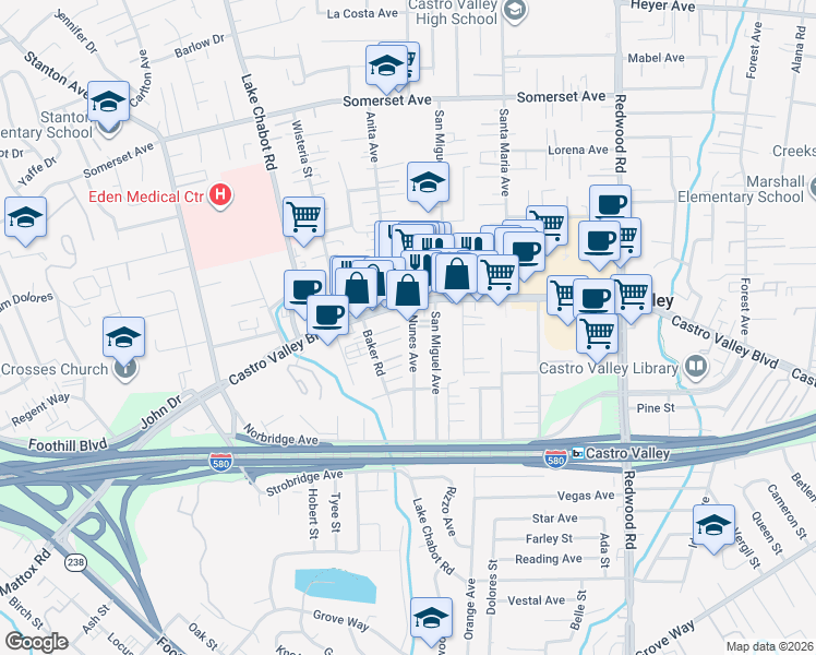 map of restaurants, bars, coffee shops, grocery stores, and more near 20825 Nunes Avenue in Castro Valley