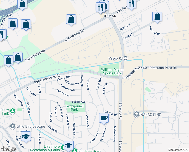 map of restaurants, bars, coffee shops, grocery stores, and more near 633 Vivian Drive in Livermore