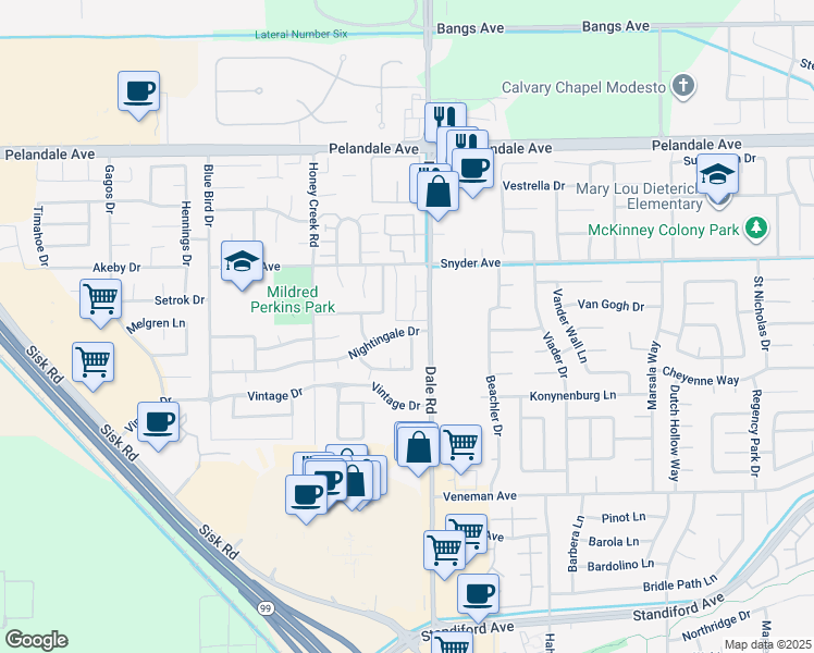 map of restaurants, bars, coffee shops, grocery stores, and more near 3900 Pheasant Lane in Modesto