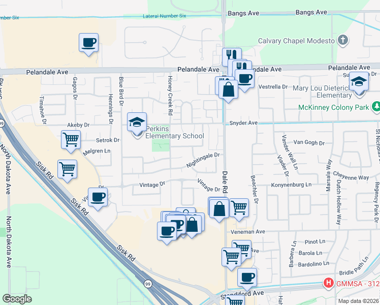 map of restaurants, bars, coffee shops, grocery stores, and more near 3104 Golden Eagle Lane in Modesto