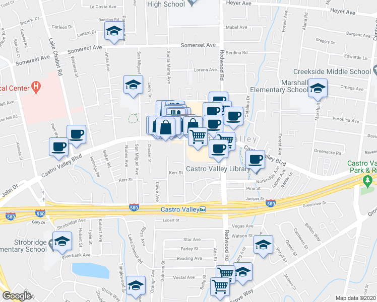 map of restaurants, bars, coffee shops, grocery stores, and more near 20853 Wilbeam Avenue in Castro Valley