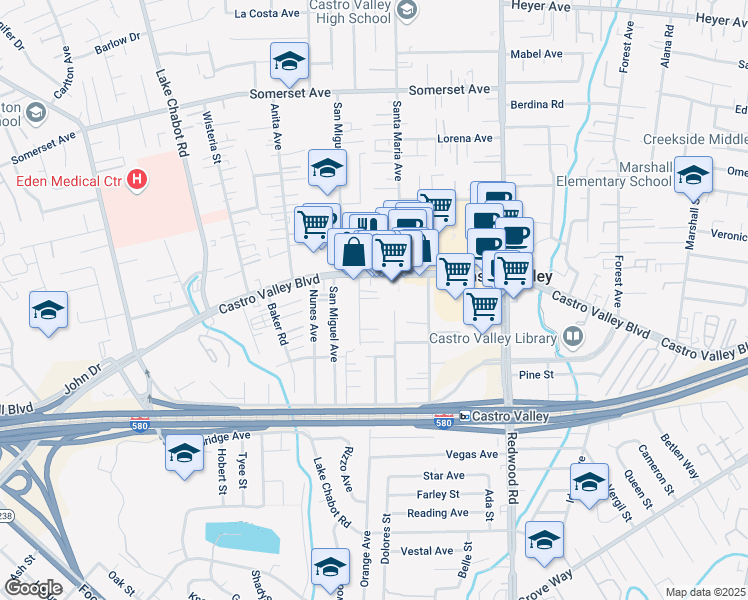 map of restaurants, bars, coffee shops, grocery stores, and more near 20822 Chester Street in Castro Valley