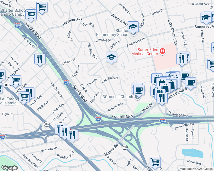 map of restaurants, bars, coffee shops, grocery stores, and more near 2209 Camino Dolores in Castro Valley