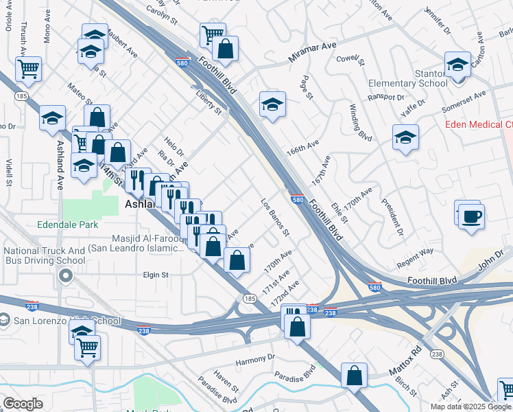 map of restaurants, bars, coffee shops, grocery stores, and more near 16698 Los Banos Street in San Leandro