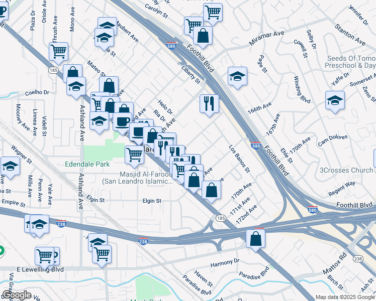 map of restaurants, bars, coffee shops, grocery stores, and more near 1493 165th Avenue in San Leandro