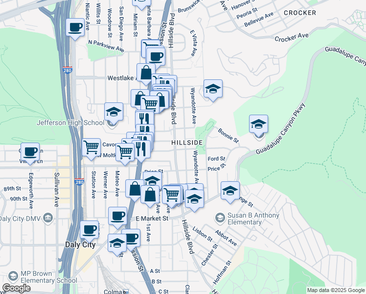 map of restaurants, bars, coffee shops, grocery stores, and more near 673 Hillside Boulevard in Daly City