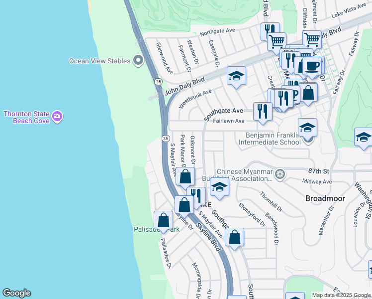 map of restaurants, bars, coffee shops, grocery stores, and more near 33 Park Manor Drive in Daly City