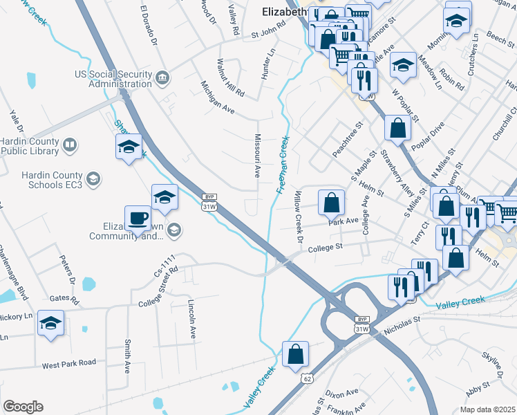 map of restaurants, bars, coffee shops, grocery stores, and more near 105 Idlewood Court in Elizabethtown