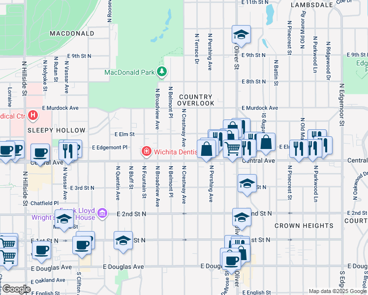 map of restaurants, bars, coffee shops, grocery stores, and more near 531 North Crestway Street in Wichita
