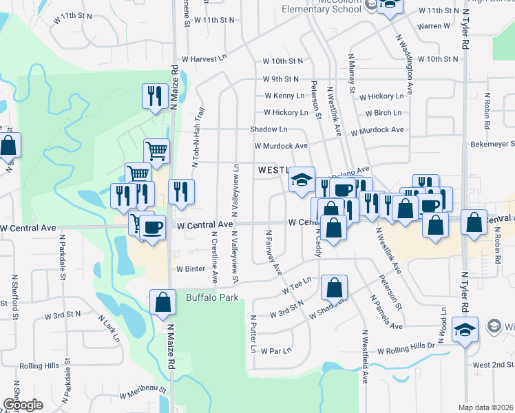map of restaurants, bars, coffee shops, grocery stores, and more near 745 North Chipper Lane in Wichita