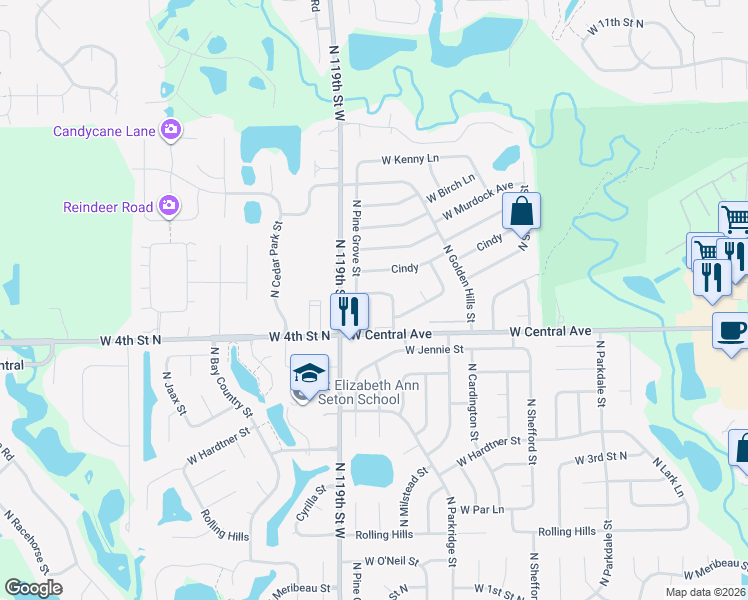 map of restaurants, bars, coffee shops, grocery stores, and more near 11807-11811 West Pine Street in Wichita