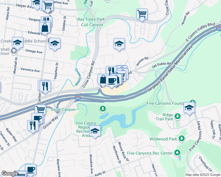 map of restaurants, bars, coffee shops, grocery stores, and more near 3775 Castro Valley Boulevard in Castro Valley