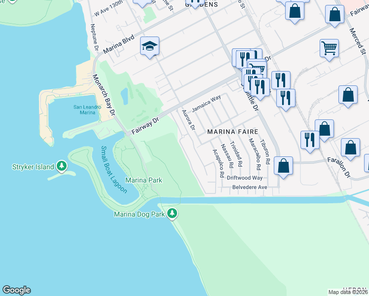 map of restaurants, bars, coffee shops, grocery stores, and more near 14170 Outrigger Drive in San Leandro