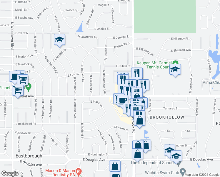 map of restaurants, bars, coffee shops, grocery stores, and more near 526 North Broadmoor Court in Wichita