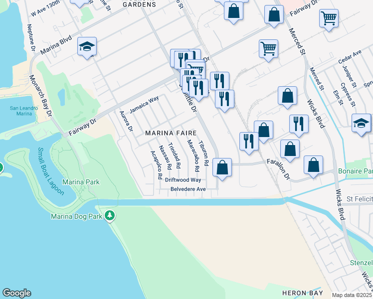 map of restaurants, bars, coffee shops, grocery stores, and more near 14272 Santiago Road in San Leandro