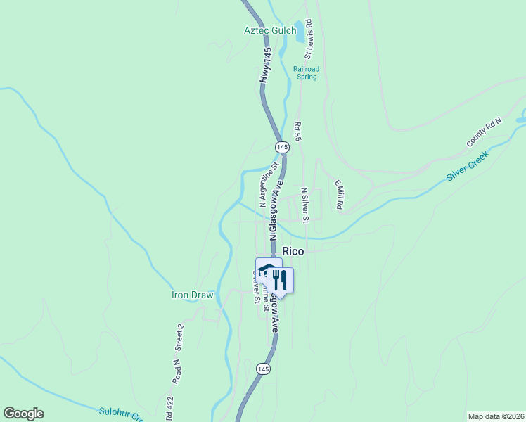 map of restaurants, bars, coffee shops, grocery stores, and more near 23 North River Street in Rico