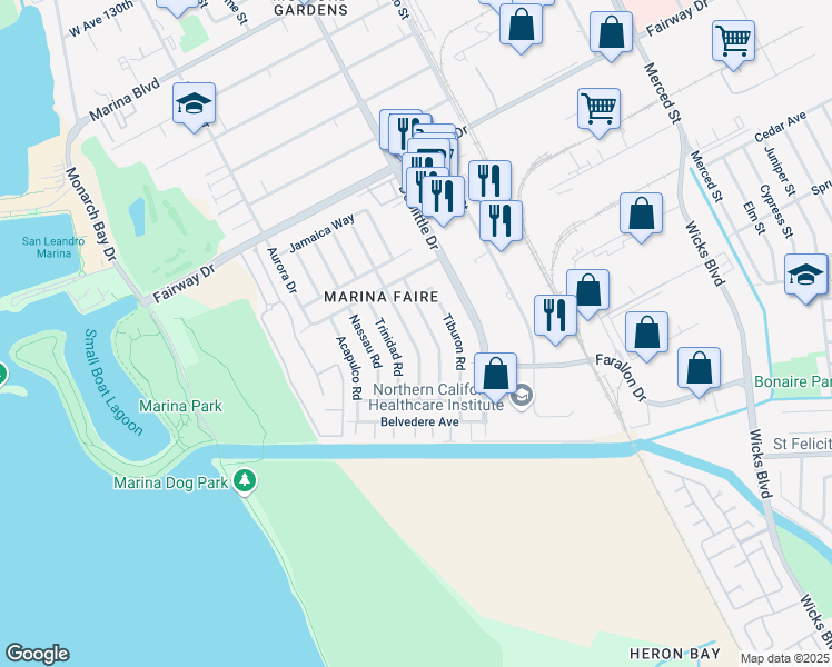 map of restaurants, bars, coffee shops, grocery stores, and more near 14272 Santiago Road in San Leandro