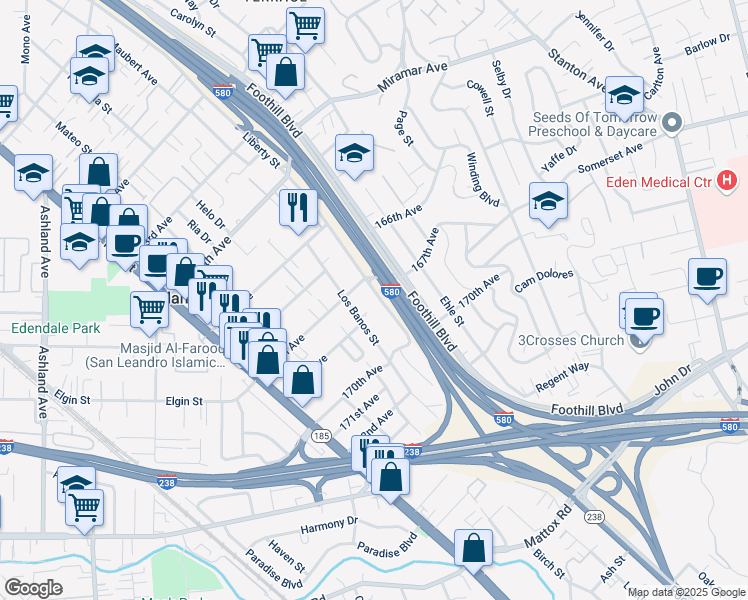 map of restaurants, bars, coffee shops, grocery stores, and more near 16729 Liberty Street in San Leandro