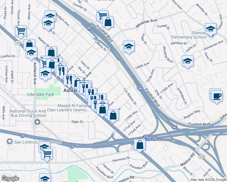 map of restaurants, bars, coffee shops, grocery stores, and more near 1544 166th Avenue in San Leandro