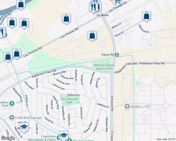 map of restaurants, bars, coffee shops, grocery stores, and more near 633 Vivian Drive in Livermore
