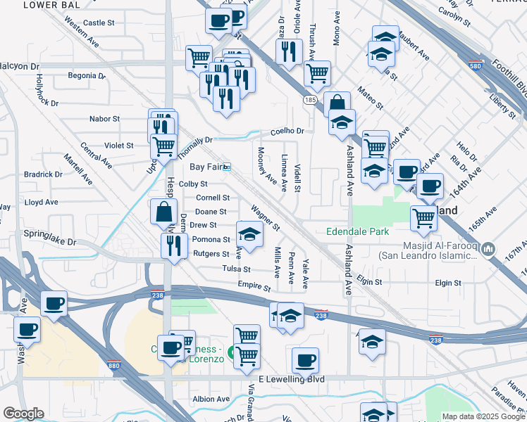 map of restaurants, bars, coffee shops, grocery stores, and more near 15712 Wagner Street in San Lorenzo