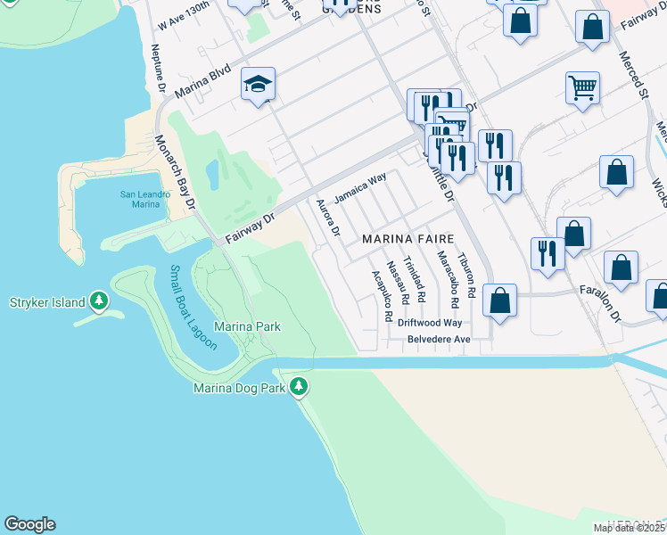 map of restaurants, bars, coffee shops, grocery stores, and more near 14161 Seagate Drive in San Leandro