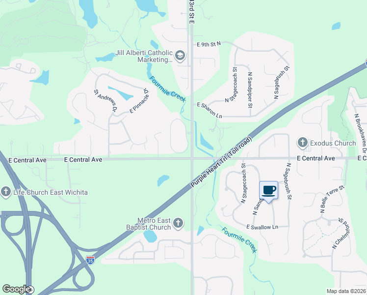 map of restaurants, bars, coffee shops, grocery stores, and more near 45 Stonebridge Circle in Wichita