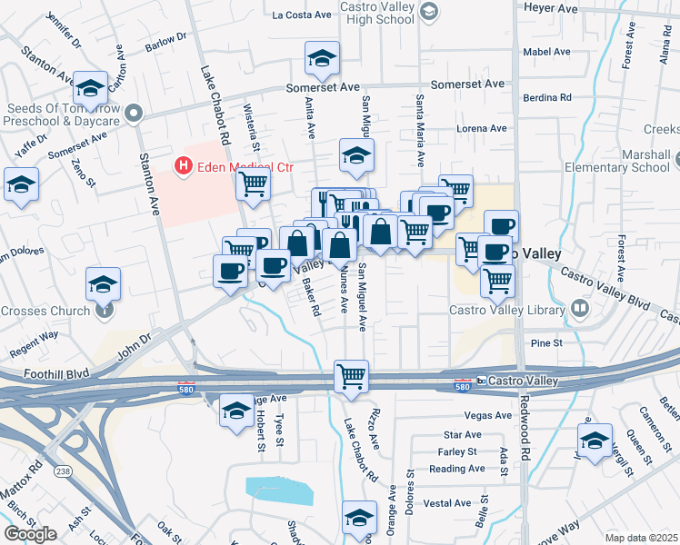 map of restaurants, bars, coffee shops, grocery stores, and more near 20819 Nunes Avenue in Castro Valley