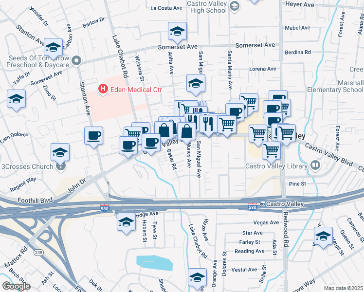 map of restaurants, bars, coffee shops, grocery stores, and more near 20852 Baker Road in Castro Valley