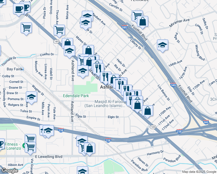 map of restaurants, bars, coffee shops, grocery stores, and more near in Ashland