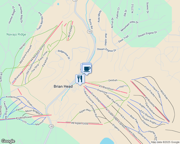 map of restaurants, bars, coffee shops, grocery stores, and more near 259 Utah 143 in Brian Head