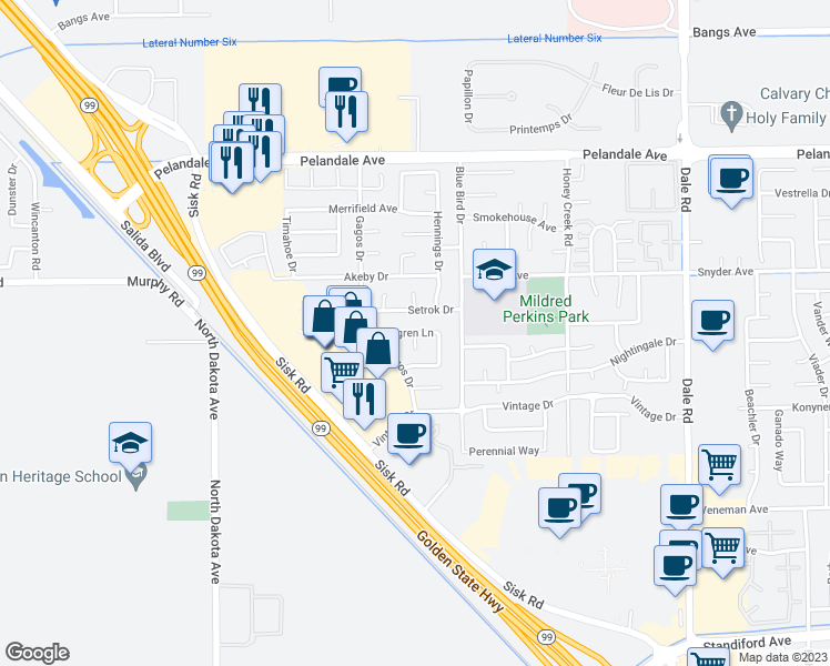 map of restaurants, bars, coffee shops, grocery stores, and more near 3400 Melgren Lane in Modesto