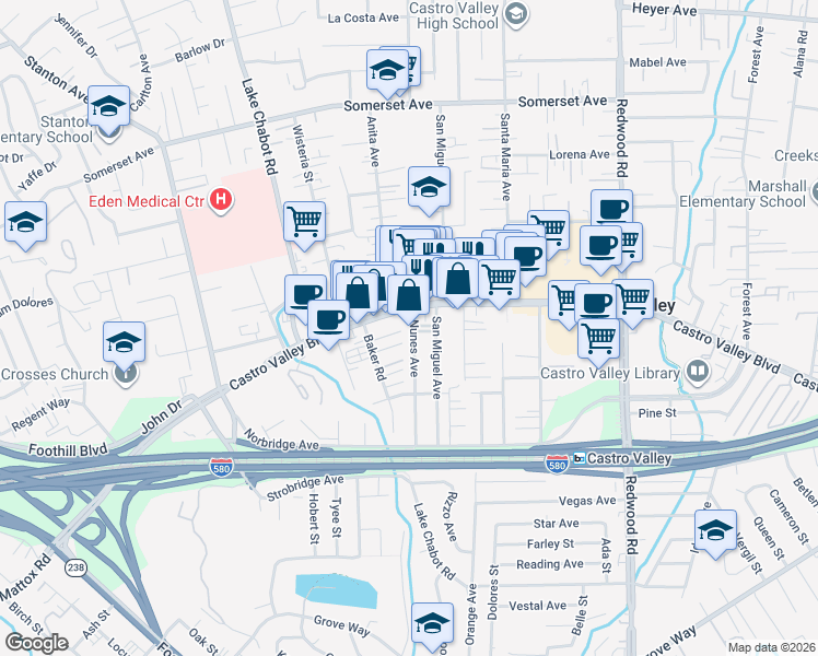 map of restaurants, bars, coffee shops, grocery stores, and more near 20819 Nunes Avenue in Castro Valley