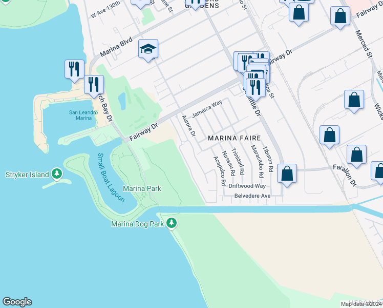 map of restaurants, bars, coffee shops, grocery stores, and more near 14161 Seagate Drive in San Leandro