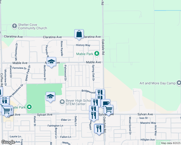 map of restaurants, bars, coffee shops, grocery stores, and more near 3917 Spring Oak Drive in Modesto