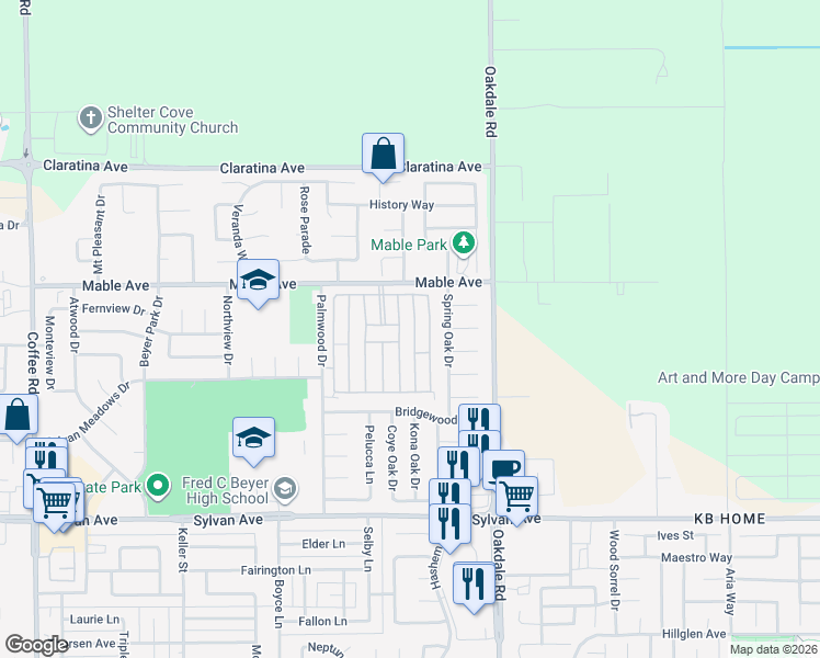 map of restaurants, bars, coffee shops, grocery stores, and more near 3917 Maui Terrace in Modesto