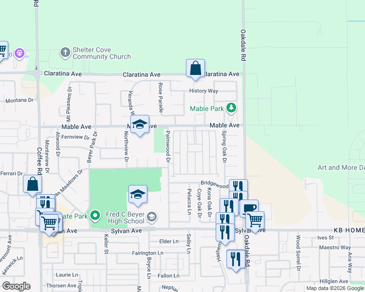 map of restaurants, bars, coffee shops, grocery stores, and more near 3920 Pali Place in Modesto