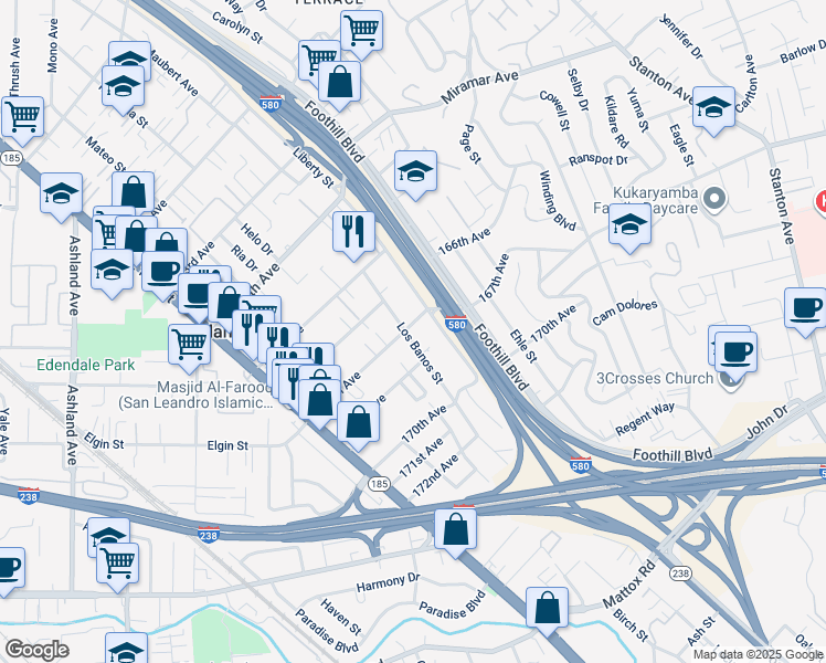 map of restaurants, bars, coffee shops, grocery stores, and more near 16698 Los Banos Street in San Leandro