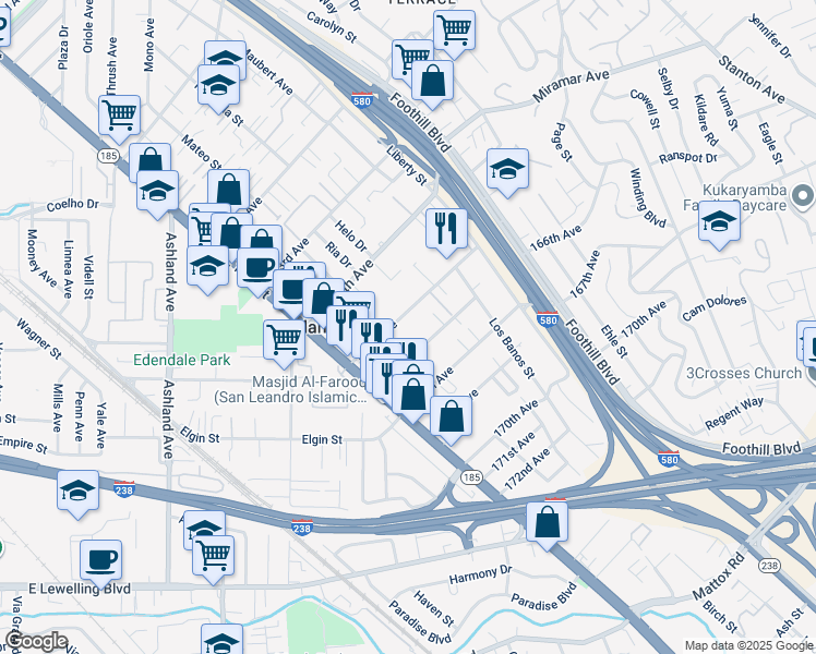 map of restaurants, bars, coffee shops, grocery stores, and more near 1530 165th Avenue in San Leandro