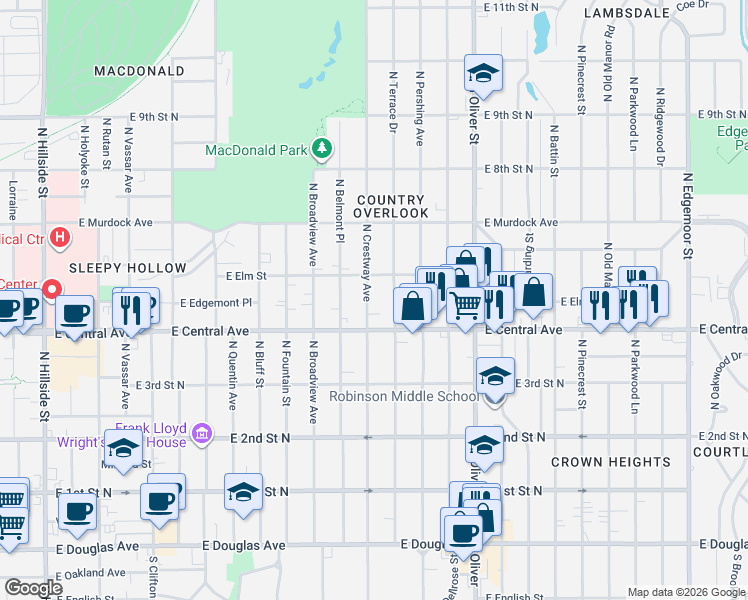 map of restaurants, bars, coffee shops, grocery stores, and more near 531 North Crestway Street in Wichita