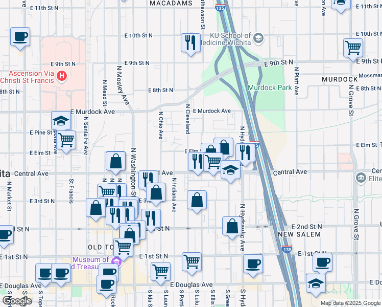 map of restaurants, bars, coffee shops, grocery stores, and more near 1406 E Elm St in Wichita