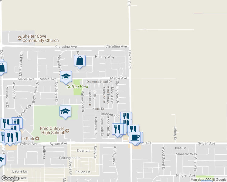 map of restaurants, bars, coffee shops, grocery stores, and more near 3904 Moana Way in Modesto