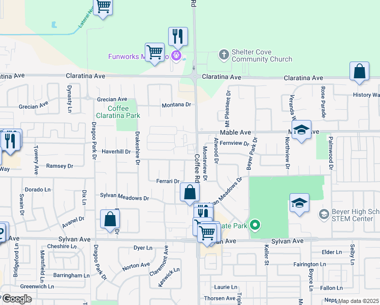 map of restaurants, bars, coffee shops, grocery stores, and more near 3931 Coffee Road in Modesto