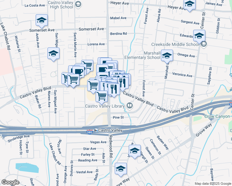 map of restaurants, bars, coffee shops, grocery stores, and more near 3563 Castro Valley Boulevard in Castro Valley