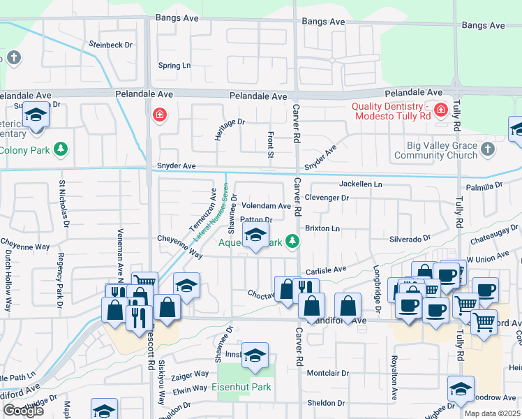 map of restaurants, bars, coffee shops, grocery stores, and more near 1800 Volendam Avenue in Modesto