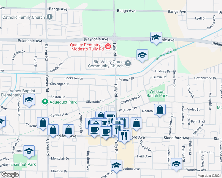 map of restaurants, bars, coffee shops, grocery stores, and more near 1312 Clevenger Drive in Modesto