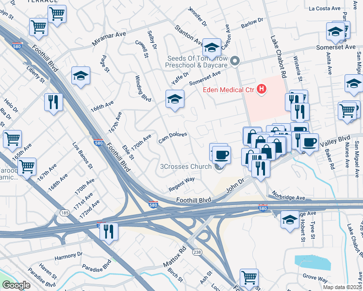map of restaurants, bars, coffee shops, grocery stores, and more near 2308 Bentley Court in Castro Valley
